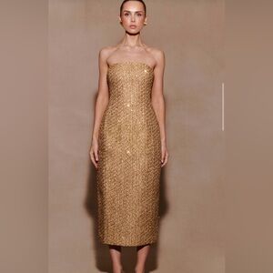 MESHKI Gala Strapless Tweed Midi Dress - Gold, Size: M, originally $235